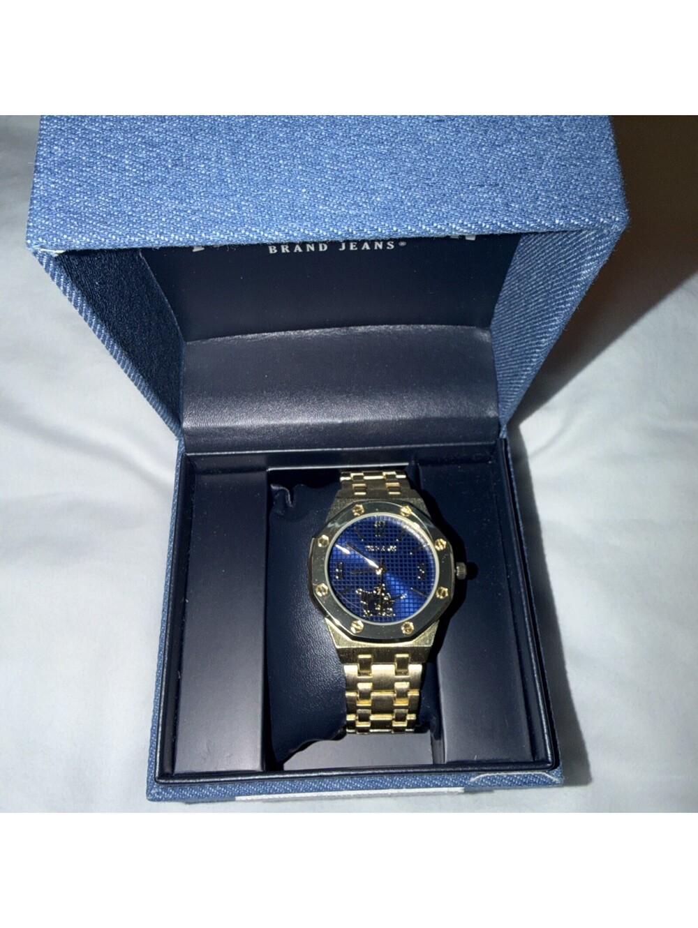 New True Religion Mens Watch TRM102 BLUE FACE Gold Buddha Guitar NIB